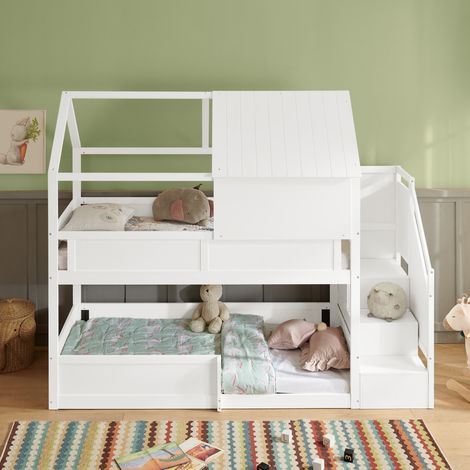Letto a castello bambini 80 x 200 cm con tetto, scala laterale e sponde, bianco OKMYHOME (1/5)