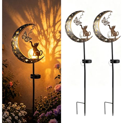 Lot 2 Lampes Solaires Jardin Décoration Métal Chat Lune LED Jaune Chaude Lampe Solaire Lune Piquet (1/5)