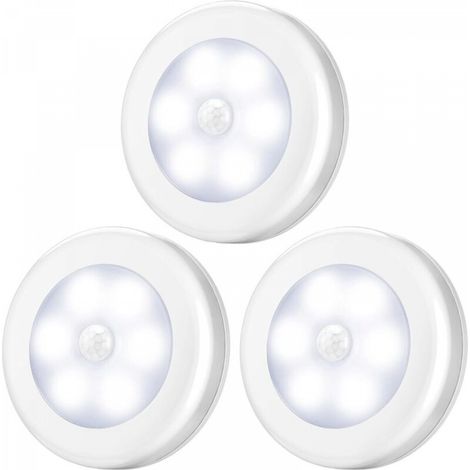 Lot de 3 lampes à détecteur de mouvement, LED, pour placard, alimentées par piles (non incluses), pour armoire, étagère, entrée, garage, cuisine, passage – Blanc (1/5)