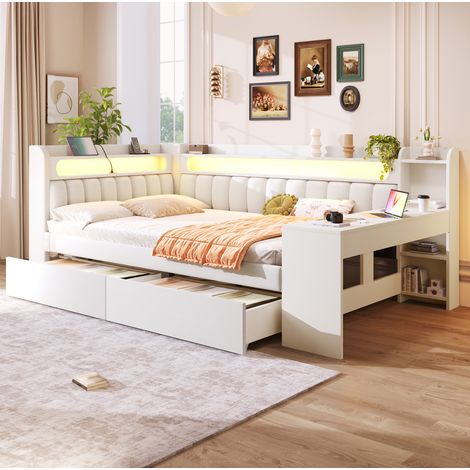 Bett Schlafbett Stauraum 140x200 mit Schreibtisch Weiß OKMYHOME (1/5)