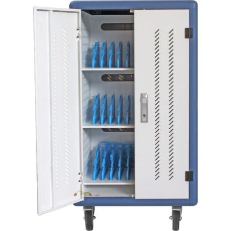 Armario rack de seguridad phask montado con ruedas goma - 30 compart. para portatil - tablet y smartphone branco - azul