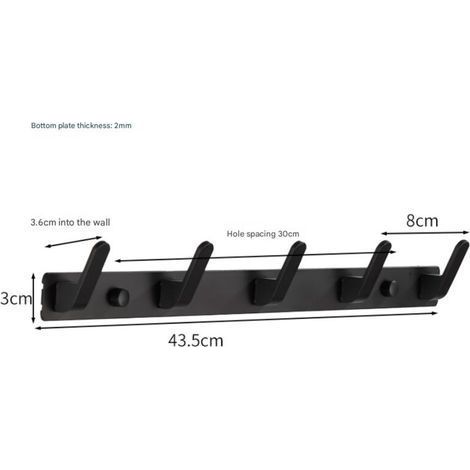 Handtuchhakenleiste, Wandgarderobe mit 5 Haken, 43,5 x 3 cm, moderner schwarzer Kleiderbügelhalter, 2er-Pack (1/2)