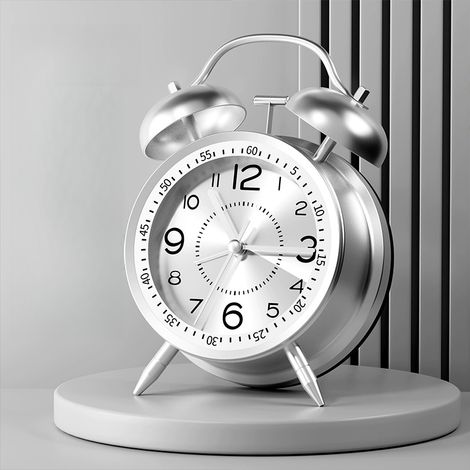 Sveglia super potente per chi ha il sonno profondo, 4 pollici, stile retrò, doppia campana, silenziosa, senza ticchettio, movimento al quarzo, retroilluminazione, USB, sfondo bianco.