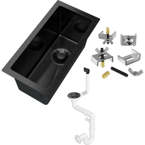 Évier en acier inoxydable Granitan Silvo22 noir PVD Super Slim étroit encastré 1 bac avec siphon LUX noir et kit de fixation (1/5)