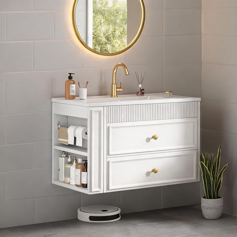 Meuble vasque suspendu blanc 81 cm en MDF avec lavabo céramique (1/5)