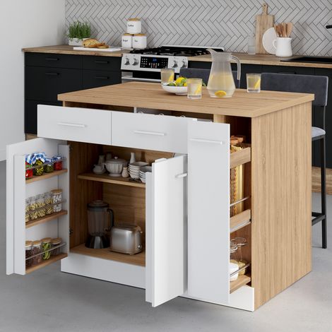 Isla central ALTO con puertas, armarios, cajones, extraíbles y encimera de haya y efecto blanco