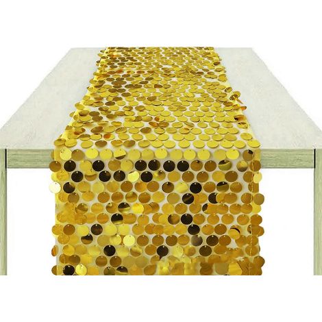 Chemin de table en polyester scintillant orné de sequins holographiques, idéal pour les fêtes, mariages, anniversaires et fiançailles (doré). (1/5)