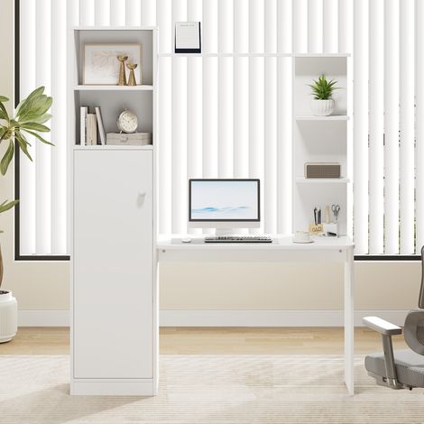 Bureau, avec étagère, blanc, 123,5 x 45 x 168,5 cm, avec armoire et étagère de rangement, design de bureau moderne, surface de travail pratique