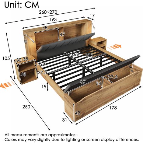 Lit double 180 x 200 cm Lit en bois avec tête de lit pliante en tissu de lin Espace de rangement Deux tables de chevet Banc de lit avec rangement Lampes de lecture avec base à lattes USB Couleur chêne (1/5)