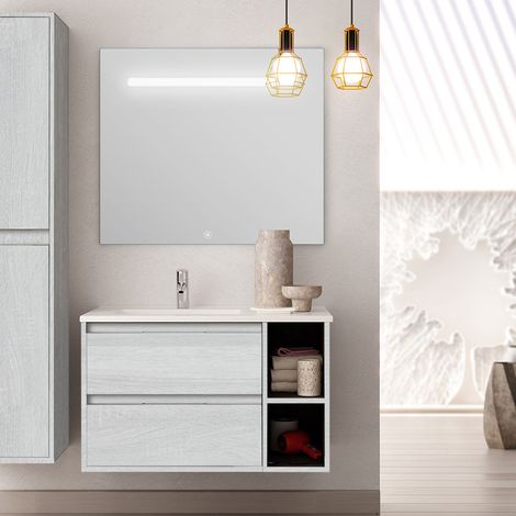 Meuble de salle de bain vasque déportée 2 tiroirs hibernian (bois blanchi) - OLYMPE et miroir Led STAM - 80cm (1/4)