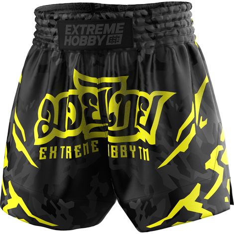 Pantalones cortos Extreme Hobby Black Panther Muay Thai, negros y amarillos, talla XL.