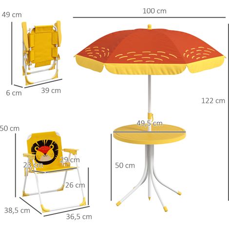 Set di 2 sedie pieghevoli e tavolo per bambini, tavolo da giardino regolabile in altezza a tema leone con ombrellone, giallo