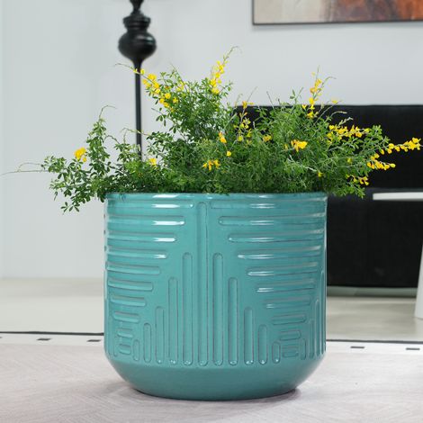Grand pot de fleurs en céramique Ø 42 cm, émaillé main avec finition brillante turquoise-verte et motif rainuré géométrique, respirant et résistant au gel, avec trou de drainage pour palmiers et ficus (1/5)