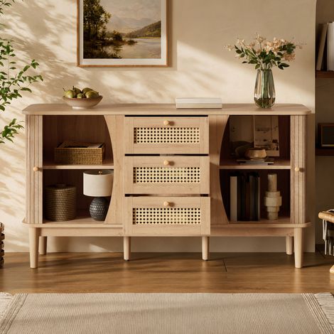Credenza 141x40x77 cm in MDF naturale con contenitore per soggiorno e sala da pranzo FloraGrace (1/5)
