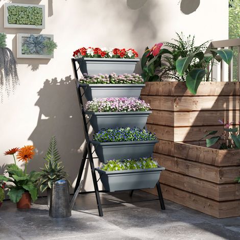 Jardinière surélevée avec étages jardinière verticale avec 5 bacs en acier gris à fleurs trous de drainage cadre style élégant