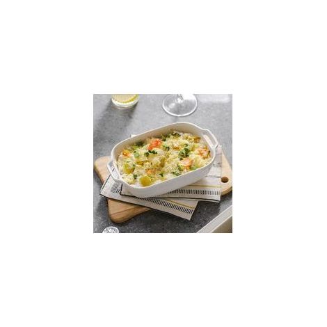 Plat à four rectangulaire en céramique blanche, 15 cm, avec deux anses, pouvant également servir de bol à riz. (1/2)