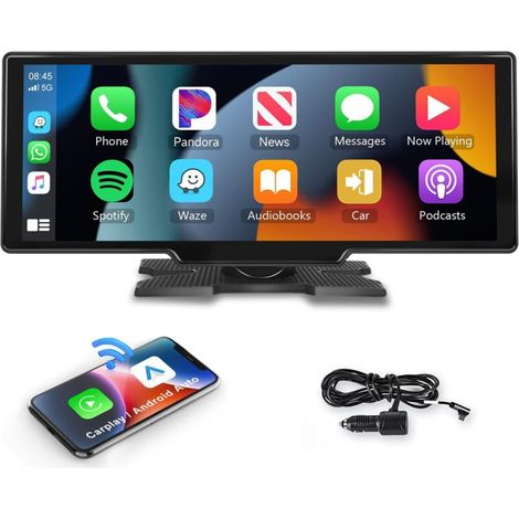 Autoradio portatile wireless con Apple CarPlay e Android Auto, schermo CarPlay da 10,26 pollici, radio Bluetooth con Mirror Link/controllo vocale/mappe GPS/TF/ingresso AUX per auto e camion (1/4)