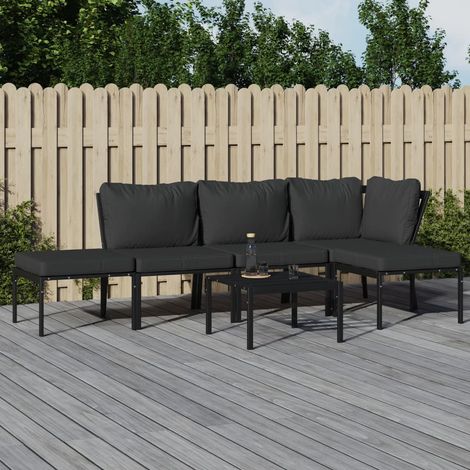Salon de jardin 6 pièces en acier noir avec coussins gris, table et fauteuils - PANGIVO (1/5)