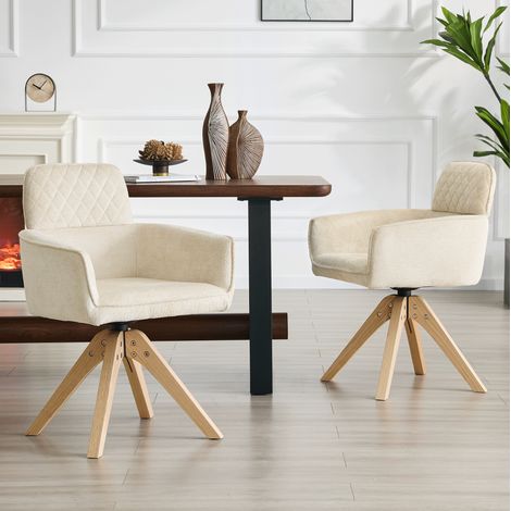 Sillas de comedor 2 unidades, giratorias 360°, crema con patas de madera OKMYHOME (1/5)