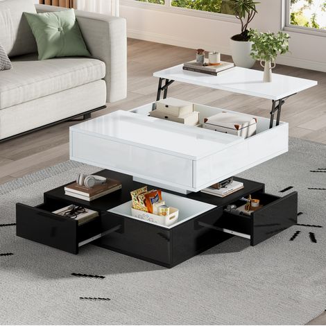 Table basse 70x70x40 cm noir et blanc, plateau relevable pivotant, panneaux de particules MEUBLIV (1/5)