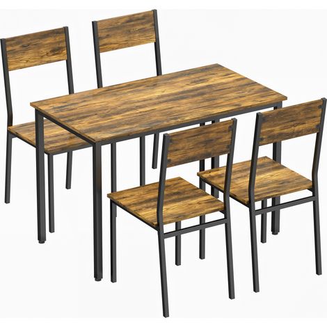 Ensemble table et 4 chaises salle à manger, table cuisine 4 places, piètement métal, brun rustique (1/5)