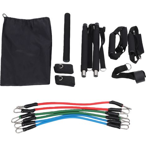 Kit Pilates Barre Acier Inoxydable 3 Sections - 6 Bandes Latex 20/30/40lbs, Poignées 2-en-1 Rembourrées, Ancre Porte, Sangles Chevilles - Pour Fitness, Pilates, Étirements Maison Salle - TPE - Noir (1/5)