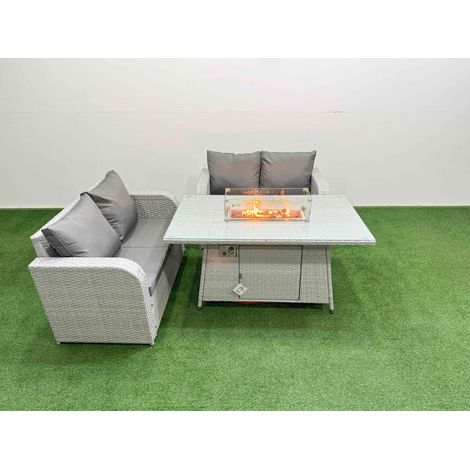 Fimous 4 Seater Outdoor Love Sofa Set Rattan Garden Furniture Set with Firepit Dining Table Light Grey (1/4)
