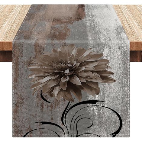 Tischläufer Leinen 40x140cm Grau Abstrakte Blume Boho Küche & Esstisch Deko