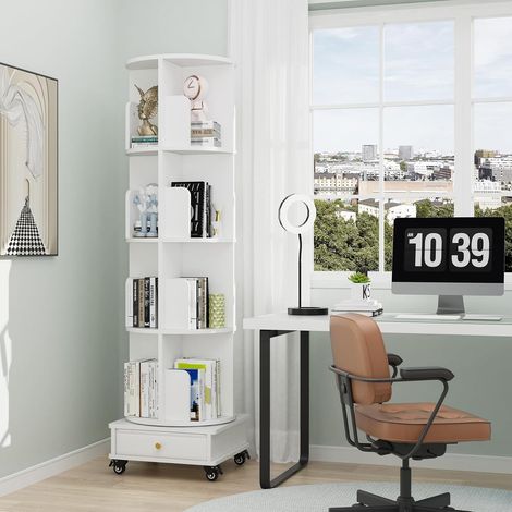 Bibliothèque, étagère 4 niveaux à roulettes avec tiroir rangement angle chambre salon blanc (1/5)