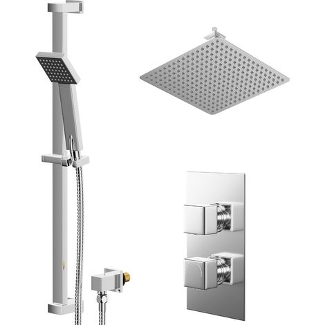 Cubix Polished Chrome Concealed Twin Thermostatic Shower Valve with Diverter and 400mm Square Head with 150mm Ceiling Arm and Thames Slide Rail Kit - 2 Outlet (1/5)