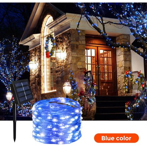 (Bleu, 22 m, 200 LED) Guirlande lumineuse solaire extérieure à deux brins, fil de cuivre, étanche, allumage automatique. (1/4)