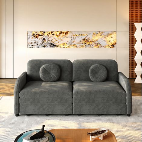 MODFU – Divano letto 3-in-1 estraibile 166x84x90 cm in ciniglia con letto matrimoniale, chaise longue, tasche laterali e struttura in legno/metallo per monolocale – Grigio (1/5)