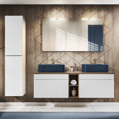 Conjunto mueble lavabo doble 140cm 2 nichos y columna Zelie Blanco Madera y Azul (1/4)