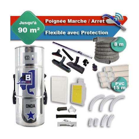 Aspiration centralisée sans sac OTTO BULL ONDA 300 INOX garantie 2 ans + flexible rétractable 8 m avec housse de protection + poignée marche/arrêt + 7 accessoires + kit 1 prise RETRAFLEX + kit prise b (1/5)