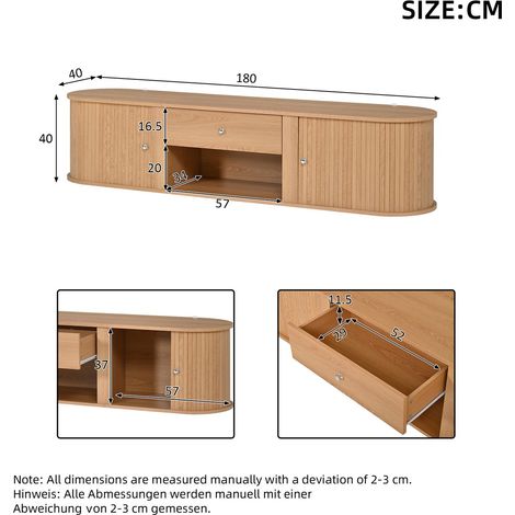 Meuble tv 180 x 40 x 40 cm 2 portes enroulables meuble de salon 1 tiroir design arrondi téléviseurs jusqu’à 75 pouces coloris bois (1/5)
