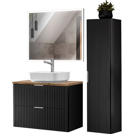 Badezimmer Möbel Set mit Keramik Aufsatzbecken, Hochschrank und rechteckigem LED Spiegel, matt schwarz mit Eiche Nb., gerillte Front, ADELAIDE-56-BLACK, B/H/T ca. 130/200/46,5 cm (1/5)