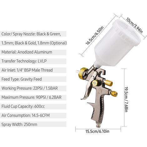 Kit de pistolet à peinture pneumatique LVLP 1,8 mm 600 cc avec réservoir de fluide, mini pistolet à peinture portable à 360 degrés pour la réparation automobile, les meubles, la peinture de surfaces m (1/5)