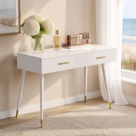 Tocador con cajones (100x40x76 cm), multifuncional para maquillaje y oficina, patas metálicas, MDF blanco (1/5)