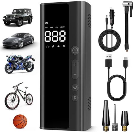 Tragbarer Reifenfüller mit 150 PSI Druck, Manometer und LED-Licht, geeignet für Auto-, Motorrad-, Fahrrad- und Ballreifen, schwarz.