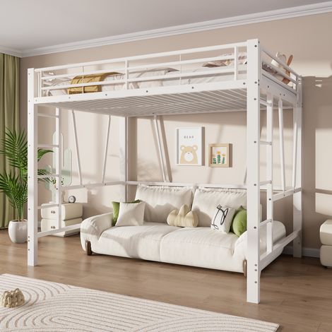 Lit mezzanine 140x200 cm en métal, lit double avec 2 échelles, garde-corps et grand espace inférieur modulable, Blanc (1/5)