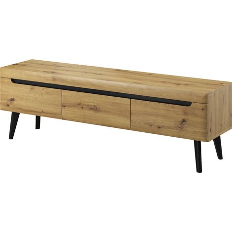 Meuble TV SUDBURRY RTV160 - Chêne - Accessoires Noirs - 3 Tiroirs - Largeur 160 cm, Hauteur 50 cm, Profondeur 40 cm (1/4)