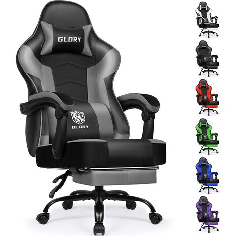 Gaming Stuhl mit Fußstütze – Ergonomischer Gamerstuhl, 170° verstellbar Gaming Chair, höhenverstellbar, mit Lendenkissen & Nackenkissen, belastbar bis 150 kg, Gronfont, Grau