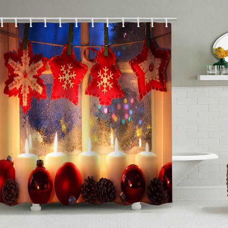 150 x 180 cm großer Duschvorhang mit Weihnachtsmotiv, Weihnachtsmann und Rentier, Badezimmer-Dekorationsset, wasserdichtes Material, inklusive 12 Haken
