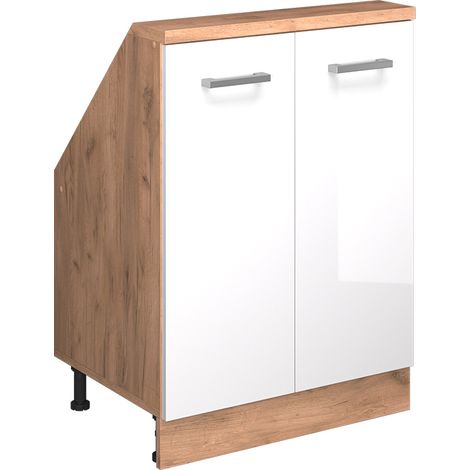 Armario para tejado inclinado Rion, Goldkraft roble/blanco alto brillo, con 2 puertas, Vicco