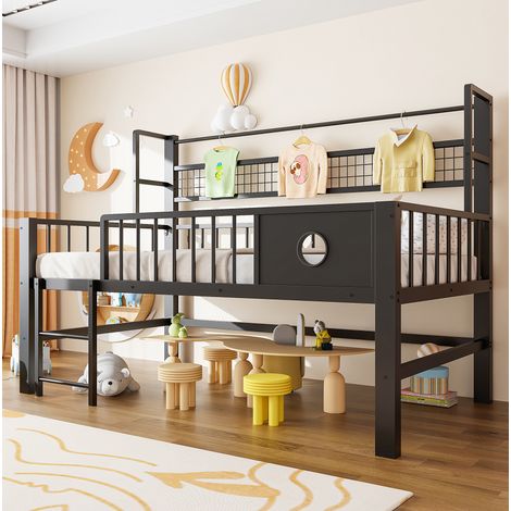 Letto a soppalco basso 204x95x125.5 cm nero in metallo con sponde di sicurezza e ripiani (1/5)