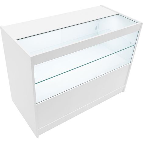 Comptoir de Vente en MDF Blanc LED Blancs Intégrés C1200 3 Étagères Portes Coulissantes Verouillables Rangement Commerciale Vitrine en Verre Acceuil Réception Bureau Vêtements Bijoux [2 Clés INCLUS] (1/5)