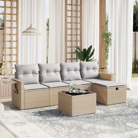 Salon de jardin modulable 6 pièces en résine tressée beige avec coussins gris clair et table en verre trempé (1/4)