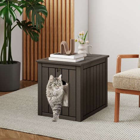 Maison pour Chat d'Intérieur et d'Extérieur Bac à Litière Caché avec Porte d'Entrée Basculante et Plancher Surélevé Abri Imperméable Gris (1/5)
