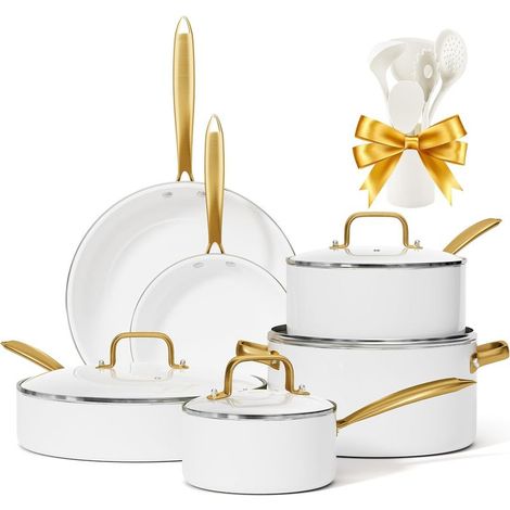 Induction Set de casseroles et poêles avec couvercles, Céramique antiadhésif Batterie de cuisine, Set d'essentiels de cuisine Poêle à frire Sauteuse Poêle à sauce Spatules (1/5)
