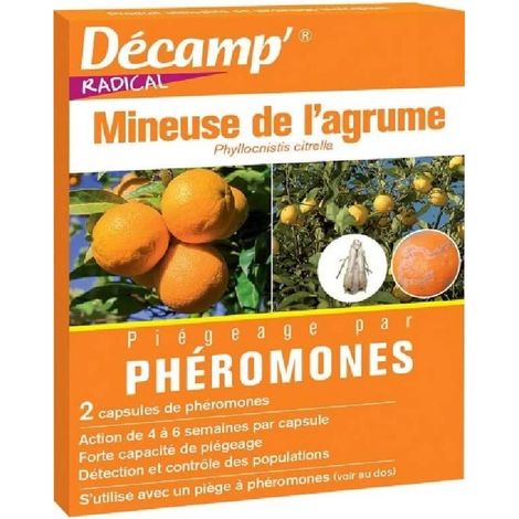 Phéromone contre la mineuse des agrumes – Insecticide biologique – Utilisation avec piège – Action 4 à 6 semaines par capsule – Décamp'